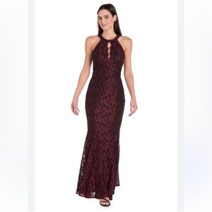 Sparkly Burgundy & Black Lace Halter Trumpet Skirt Goth Prom Dress Gown